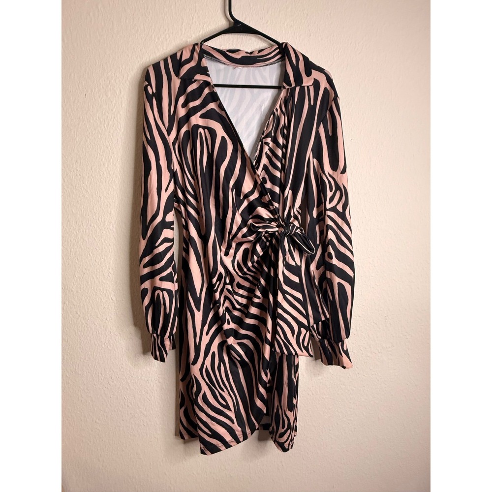 Unbranded Women XXL Pink Black Zebra Animal Print Long Sleeve Wrap Dress Mini